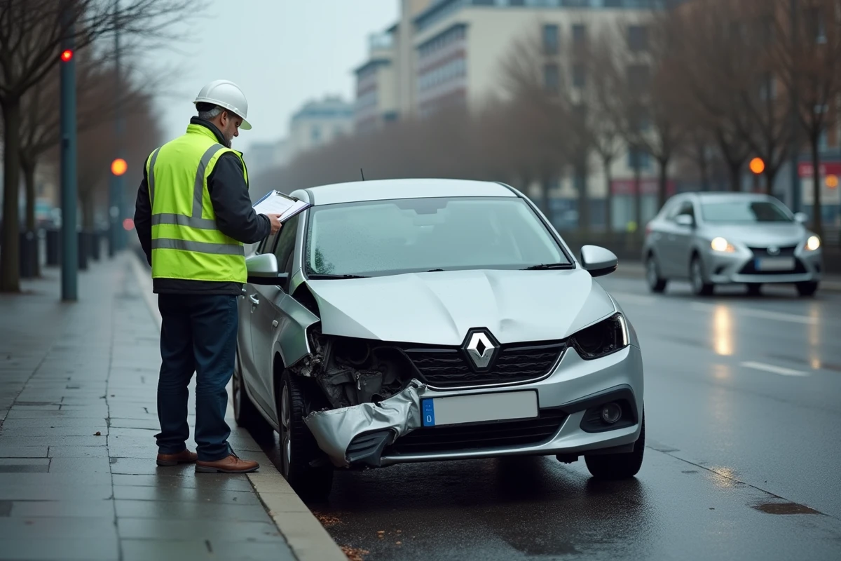 Véhicule accidenté sur le bord de la route avec agent d'assistance remplissant un constat, illustrant les risques d'accident après reprogrammation moteur