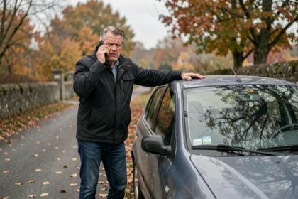 Homme stressé après un accident de voiture sur une route rurale de la Loire, téléphonant pour obtenir de l'aide