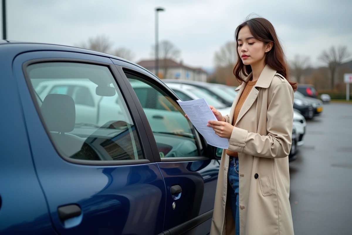 Jeune femme examinant une Peugeot 206 bleue d'occasion dans un lot de concessionnaire automobile