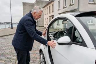 Homme inspectant une voiture sans permis d'occasion au Havre près du port