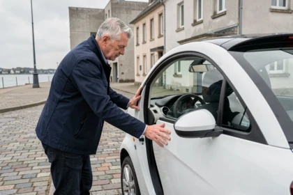 Homme inspectant une voiture sans permis d'occasion au Havre près du port