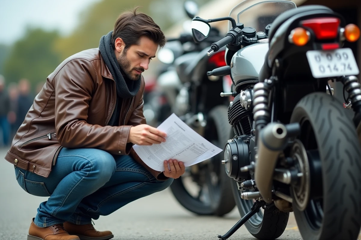 Acheteur évaluant le prix d'une Honda CB 900 d'occasion sur un marché moto en plein air, guide des prix réels