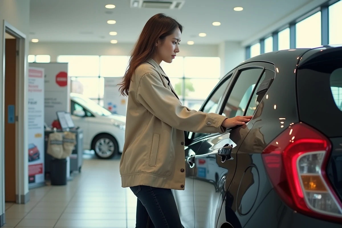 Femme examinant une voiture neuve à petit prix dans un showroom de concession automobile en 2026