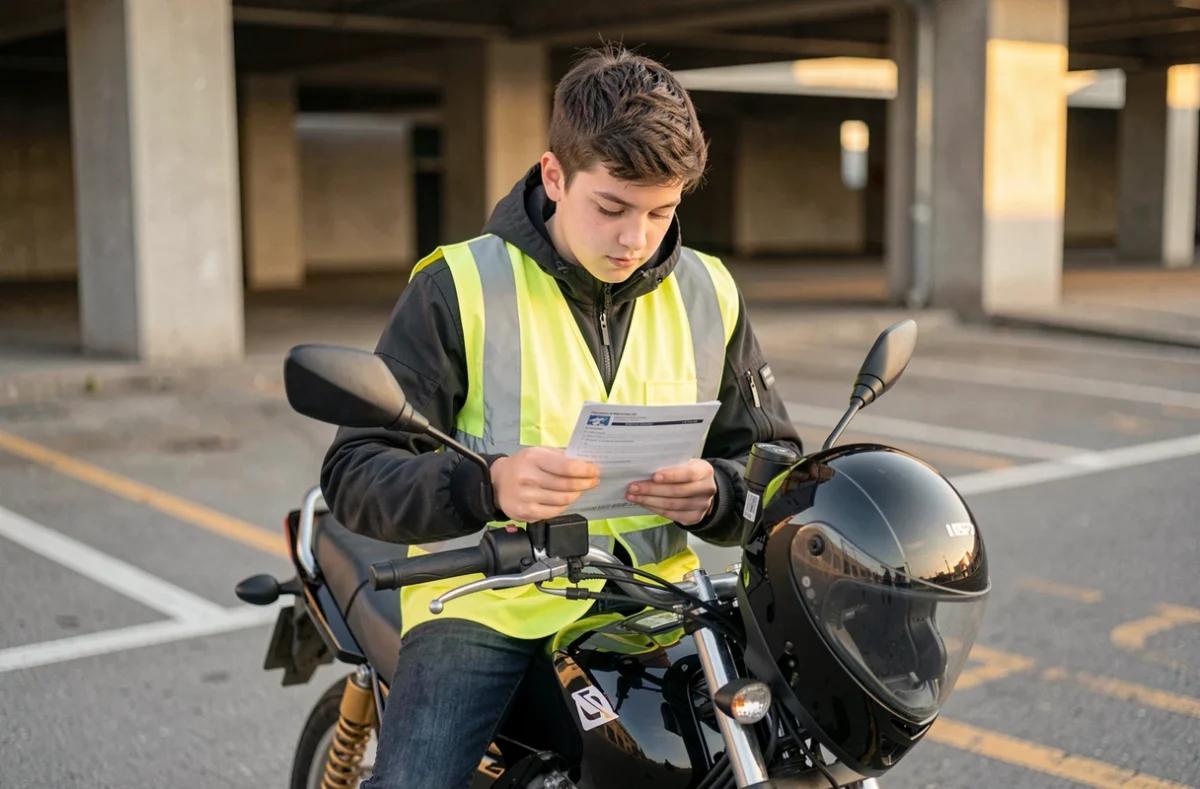 Adolescent de 16 ans consultant son contrat d'assurance moto assis sur une 125cc dans un parking urbain