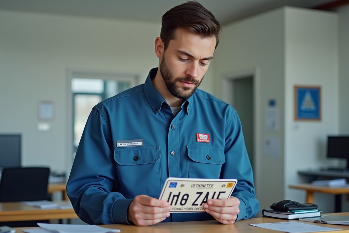 Jeune homme en service auto examinant une plaque française