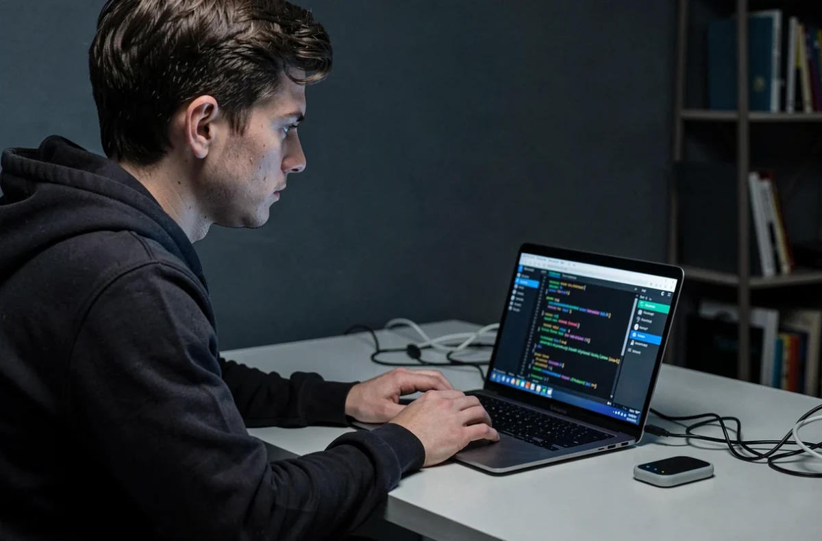 Personne analysant un traceur Bluetooth sur ordinateur dans un bureau à domicile