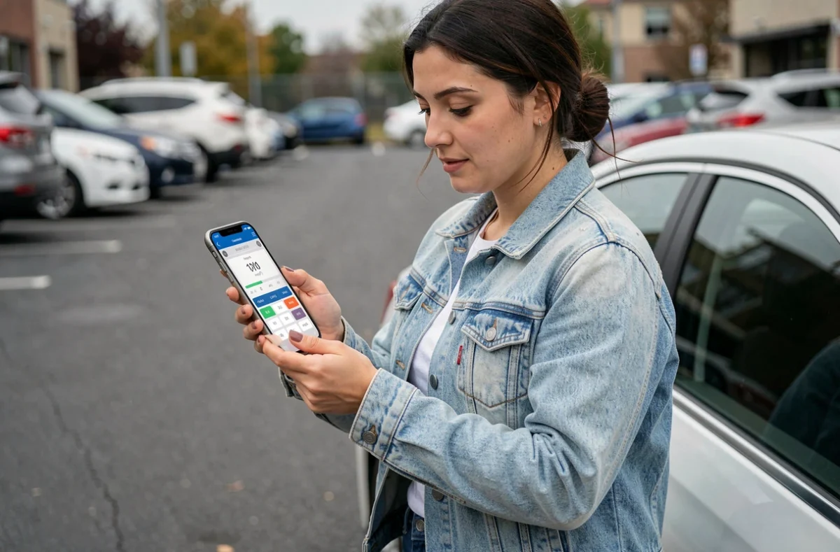 Femme consultant une application de conversion de vitesse mph en kilomètres par heure sur smartphone près d'une voiture
