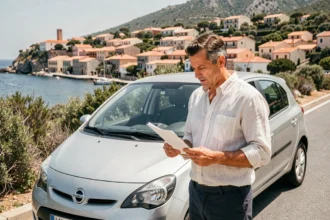 Homme consultant des documents d'assurance auto devant sa voiture sur une route côtière d'Ajaccio avec vue sur la baie