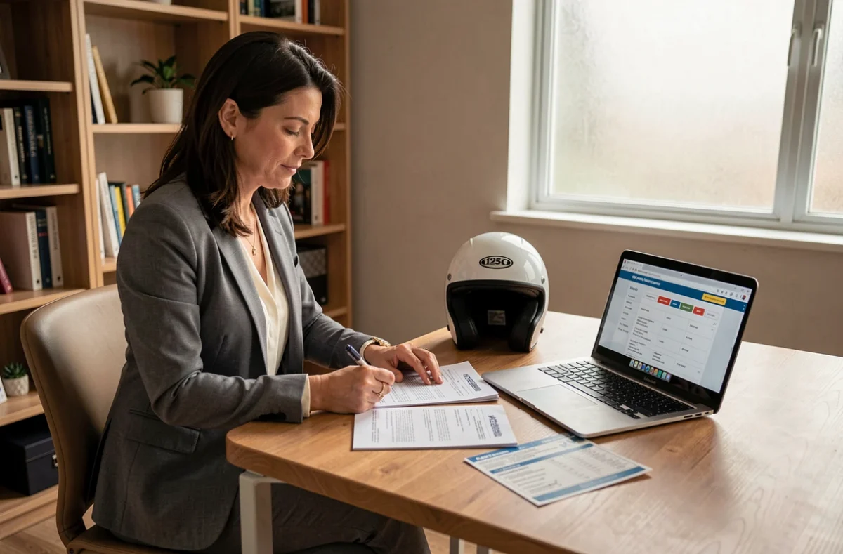 Femme consultant des documents d'assurance moto 125 à son bureau à domicile avec un casque posé à côté, représentant les démarches d'assurance pour conduire une 125cc avec le permis B