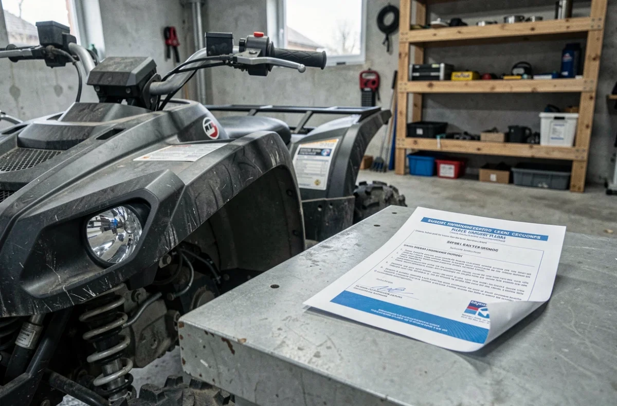 Document d'assurance quad posé près d'un véhicule tout-terrain dans un garage, rappelant l'importance de la couverture obligatoire pour quad