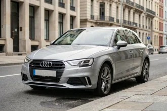 Audi A3 Sportback vue de trois quarts avant sur une rue urbaine, illustrant ses dimensions compactes et son design hayon