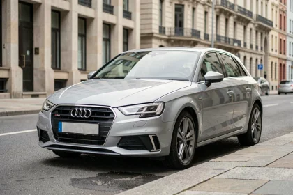 Audi A3 Sportback vue de trois quarts avant sur une rue urbaine, illustrant ses dimensions compactes et son design hayon
