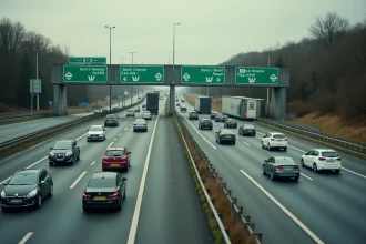 Vue panoramique d'une autoroute française à péage avec plusieurs voies de circulation et panneaux verts directionnels