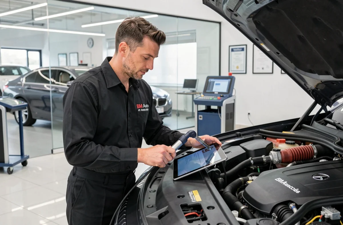 Technicien de BM Auto et Associés inspectant le moteur d'un véhicule premium à Roche-la-Molière