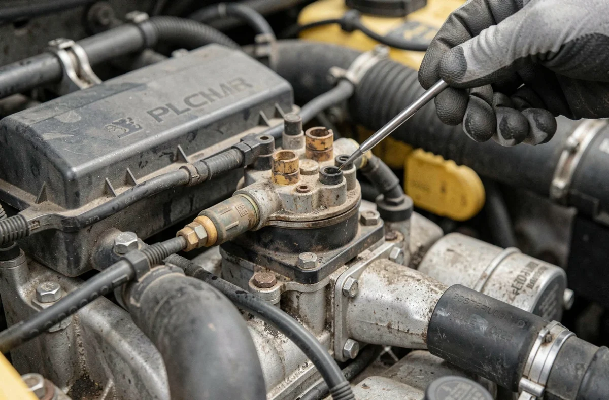 Bobine d'allumage et connecteurs électriques d'un moteur Peugeot inspectés après entretien, liés au code défaut P1351