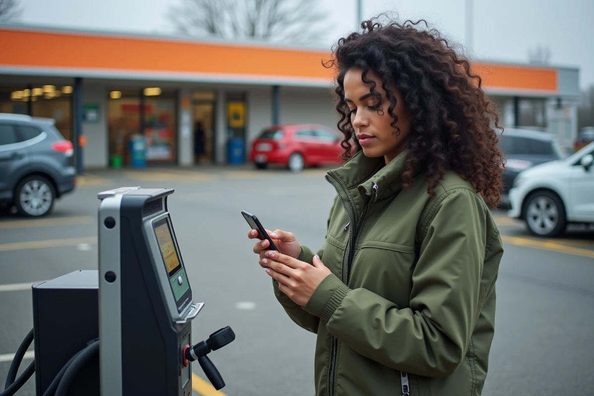 Femme vérifiant la pression d'un pneu sur une borne de gonflage numérique gratuite en parking de supermarché