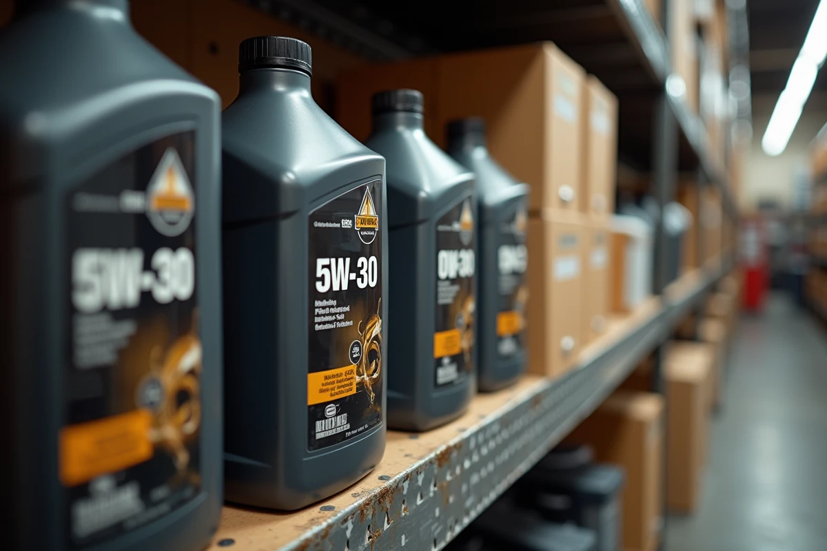 Bouteilles d'huile moteur pour essence 5W-30 et 0W-20 alignées sur une étagère de magasin automobile