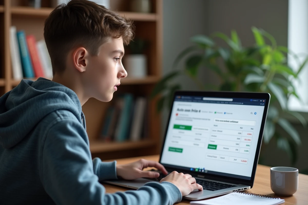 Adolescent calculant le coût d'une heure de conduite sur ordinateur avec des notes manuscrites