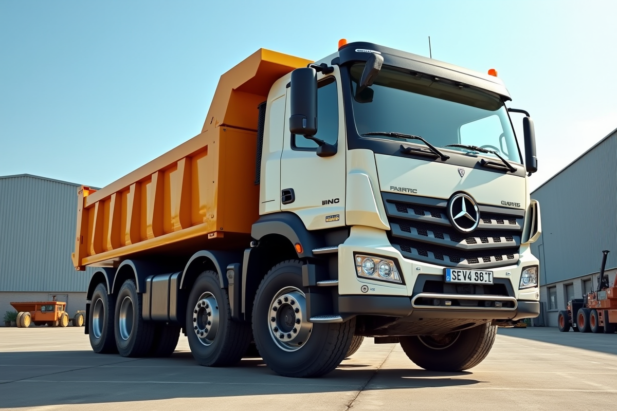 Camion benne d'occasion stationne en plein soleil dans un site industriel