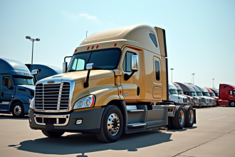 Camion semitrailer d'occasion stationne dans un depot avec usure visible