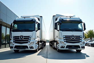 Deux camions neufs et d'occasion garés dans un concessionnaire