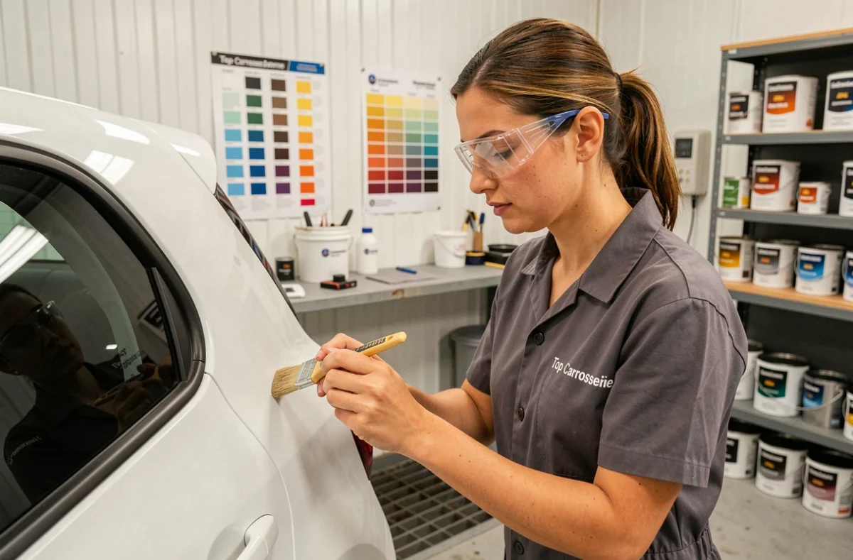 Technicienne de la Carrosserie JDS réseau Top Carrosserie réalisant une retouche de peinture sur un véhicule en Île-de-France
