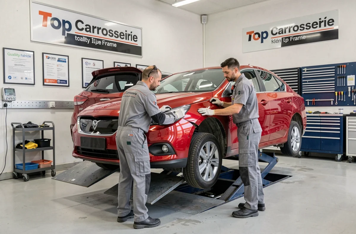 Deux techniciens de la Carrosserie Lecomte réseau Top Carrosserie travaillant sur un véhicule surélevé en Île-de-France