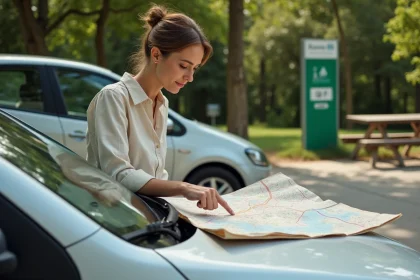 Femme consultant une carte routière détaillée des autoroutes françaises posée sur le capot de sa voiture lors d'une pause sur l'autoroute