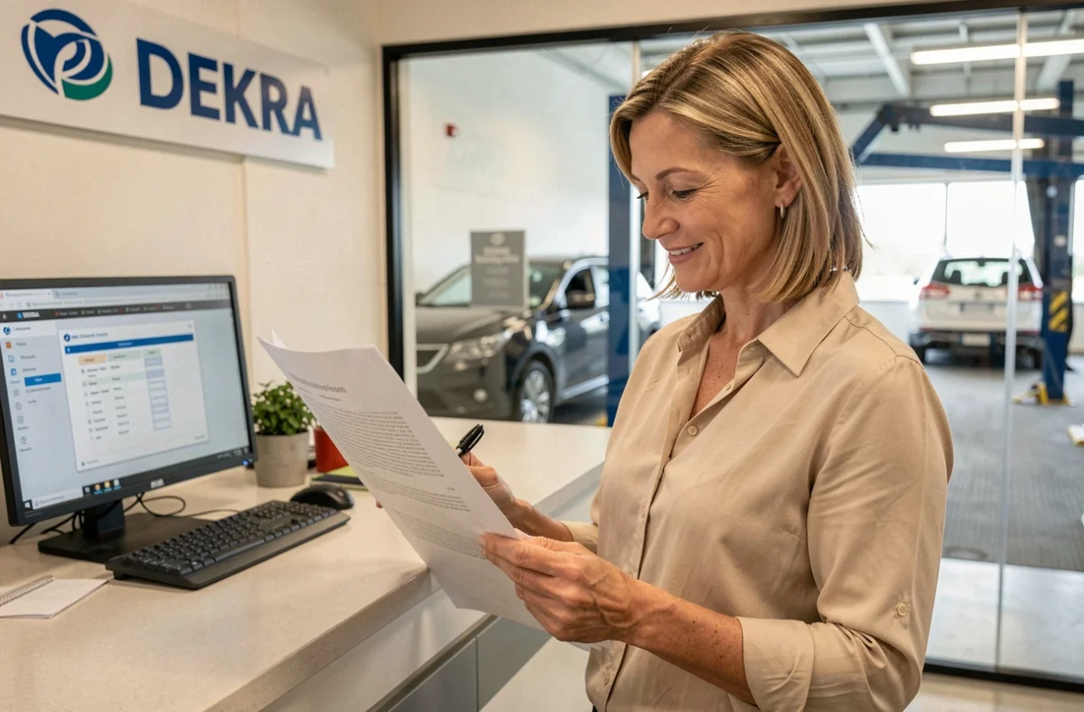 Cliente DEKRA examinant un rapport de contrôle technique à l'accueil d'un centre d'inspection automobile