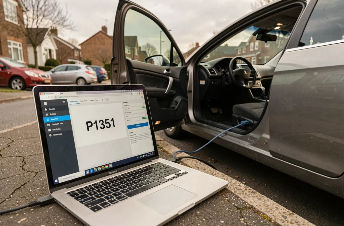 Valise de diagnostic affichant le code défaut P1351 connectée à une Peugeot 1.6 HDI en extérieur
