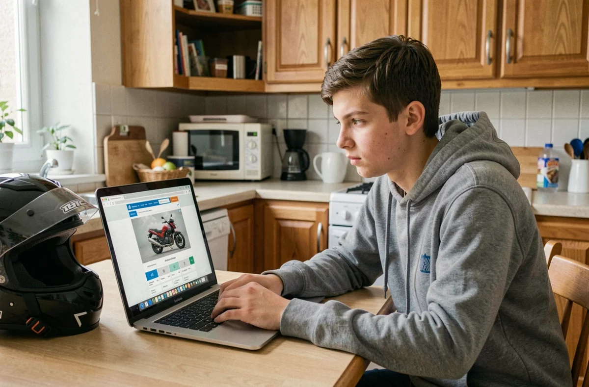Jeune homme de 16 ans comparant des offres d'assurance moto 125cc sur un ordinateur portable dans une cuisine familiale