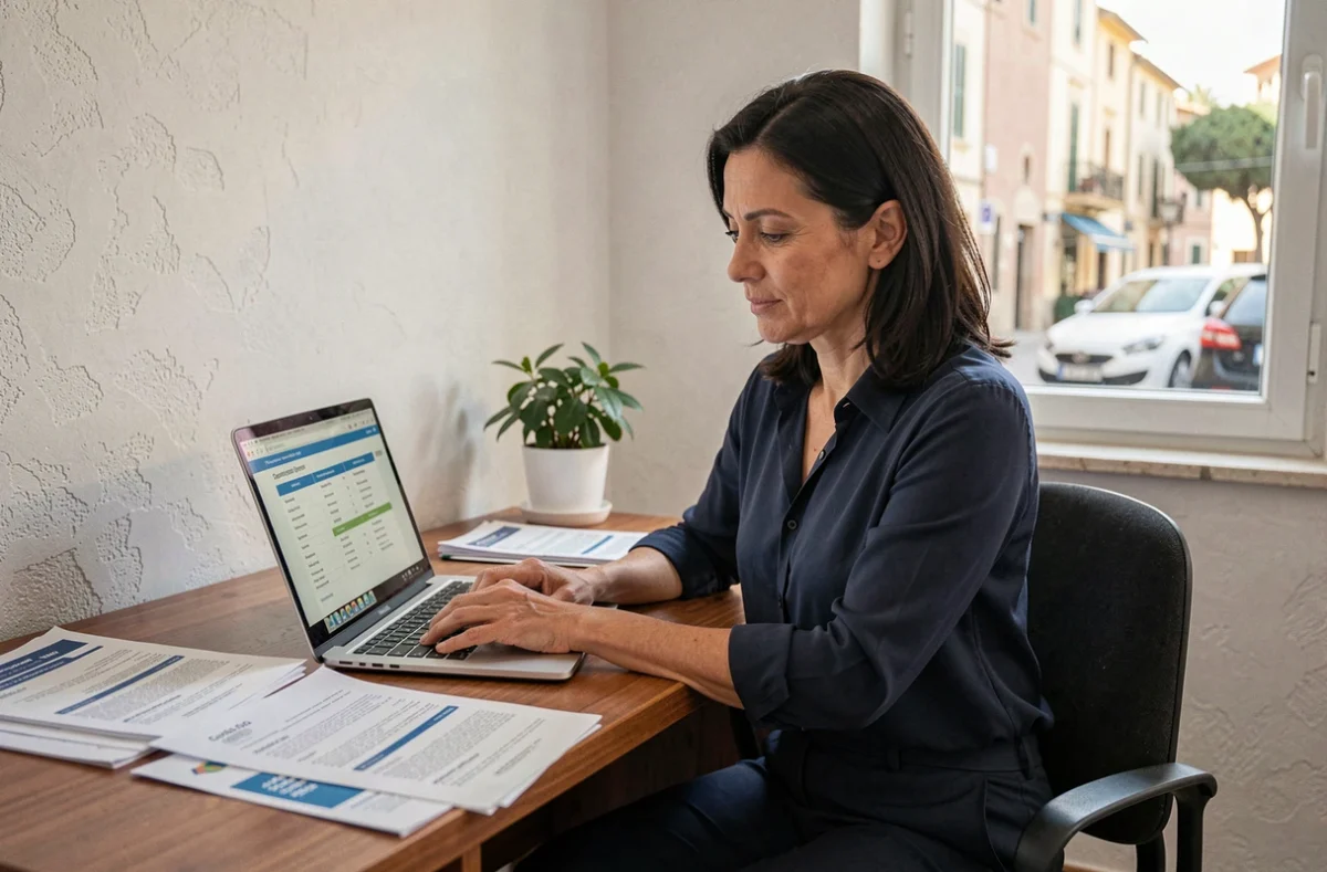 Femme comparant des devis d'assurance auto sur un ordinateur portable dans une agence d'assurance à Ajaccio