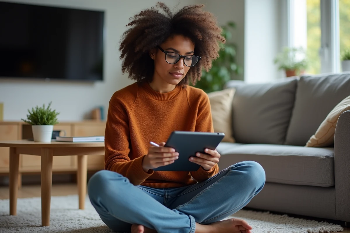 Jeune femme comparant des devis d'assurance auto sur tablette assise dans son salon moderne