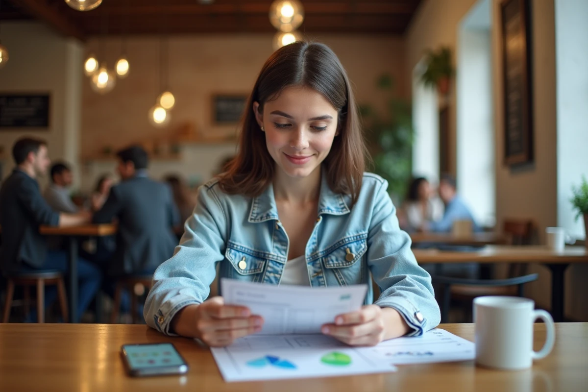 Jeune femme comparant des forfaits d'heures de conduite dans un café avec des brochures et son téléphone