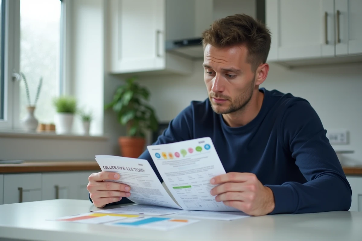 Homme comparant un guide officiel du permis de conduire et des fiches simplifiées de révision sur une table de cuisine