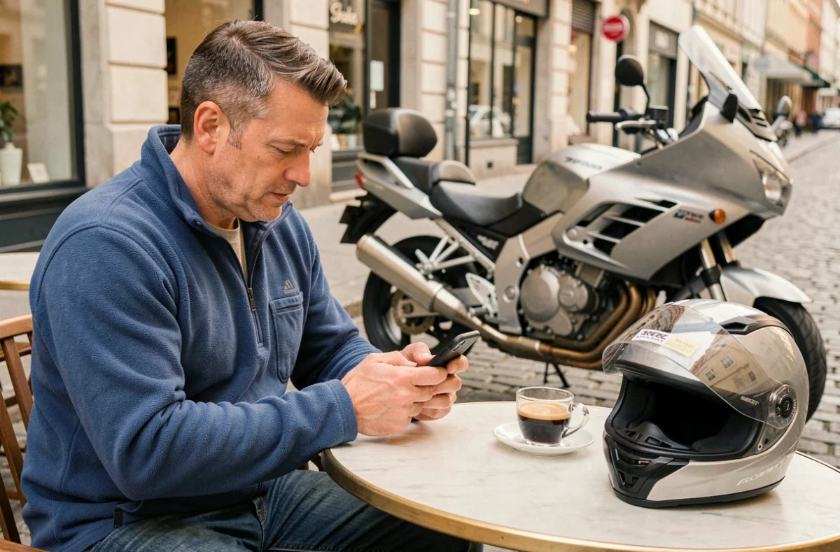 Homme comparant les prix d'assurance moto 1000cc sur smartphone en terrasse de café avec moto garée en arrière-plan