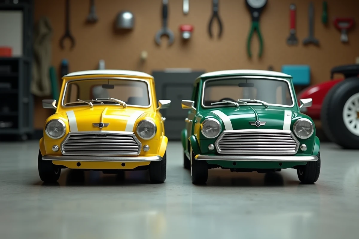 Deux voitures miniatures radiocommandées inspirées de Mister Bean côte à côte dans un garage, comparaison de modèles