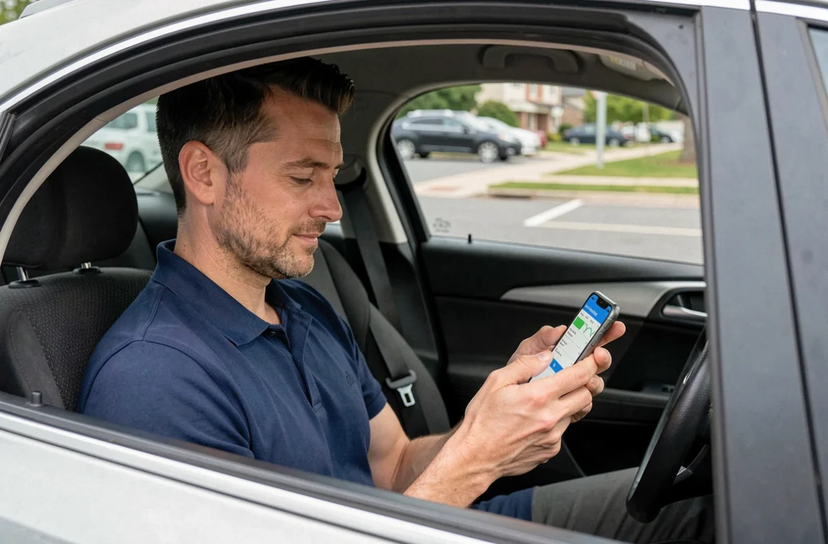 Homme comparant des devis d'assurance auto pas cher sur smartphone dans sa voiture
