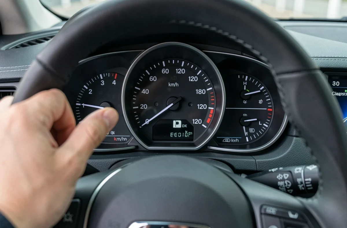 Gros plan sur un compteur de vitesse de voiture affichant les unités mph et km/h pour illustrer la conversion de vitesse