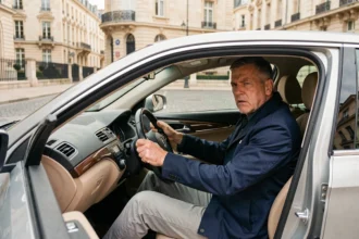 Conducteur stressé cherchant une place de parking dans les rues de Versailles lors d'une journée d'affluence touristique