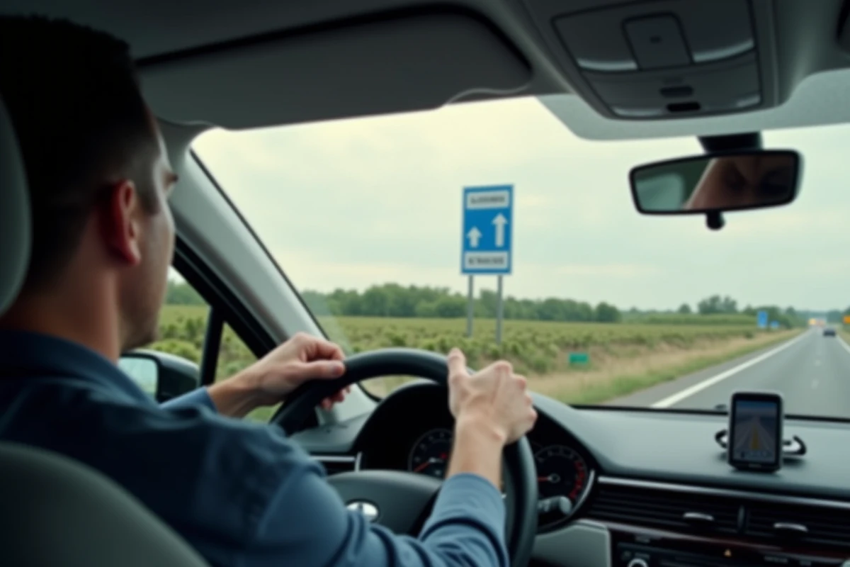Conducteur français au volant face à un choix entre autoroute à péage et route nationale rapide