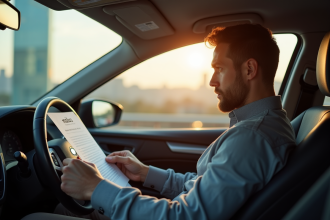 Conducteur inquiet regardant un document avec malus dans la voiture