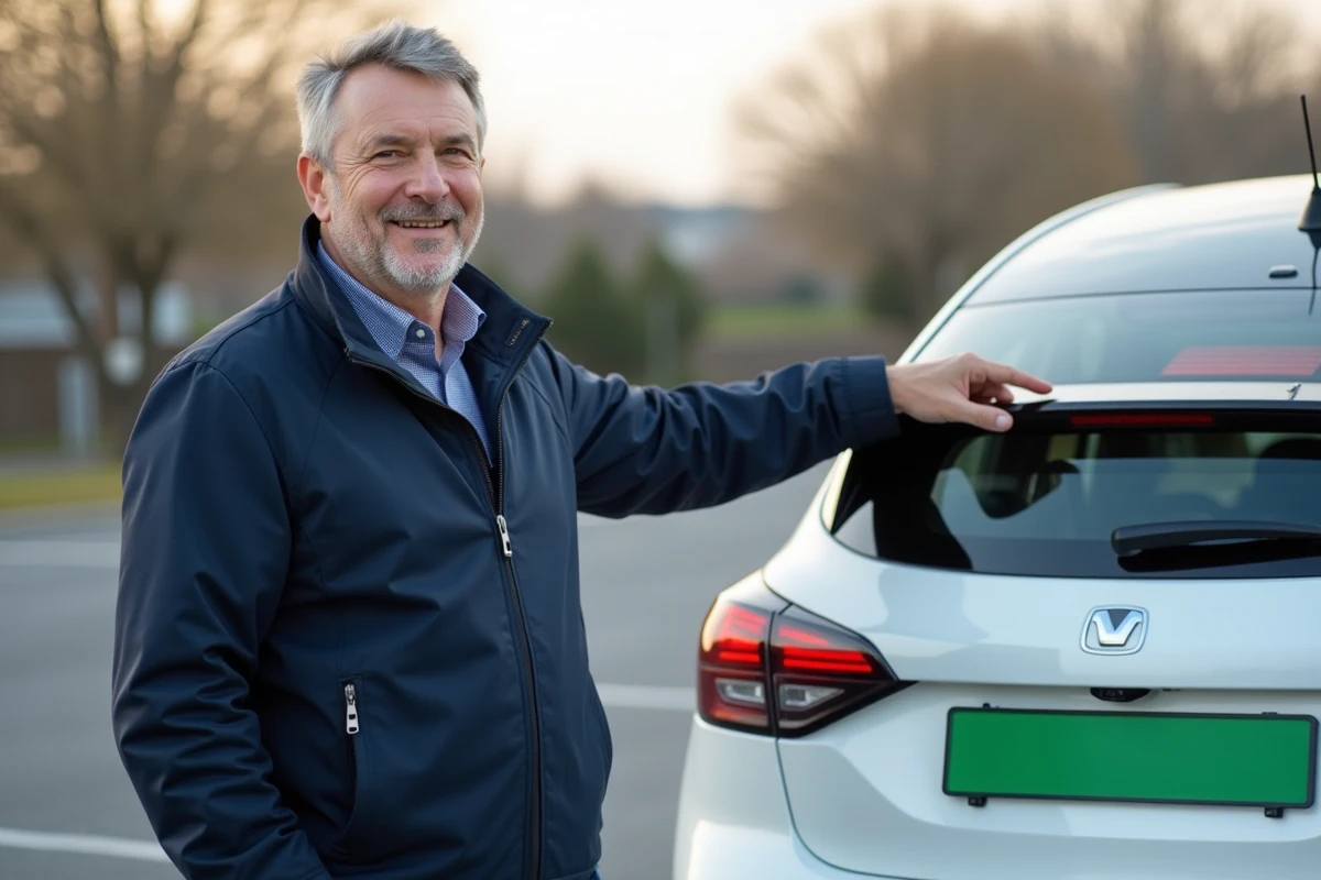 Conducteur montrant la plaque d'immatriculation verte de son véhicule électrique dans un parking