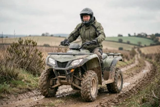 Homme équipé d'un casque intégral assis sur un quad tout-terrain sur un chemin de terre à la campagne, illustrant l'obligation d'assurance quad