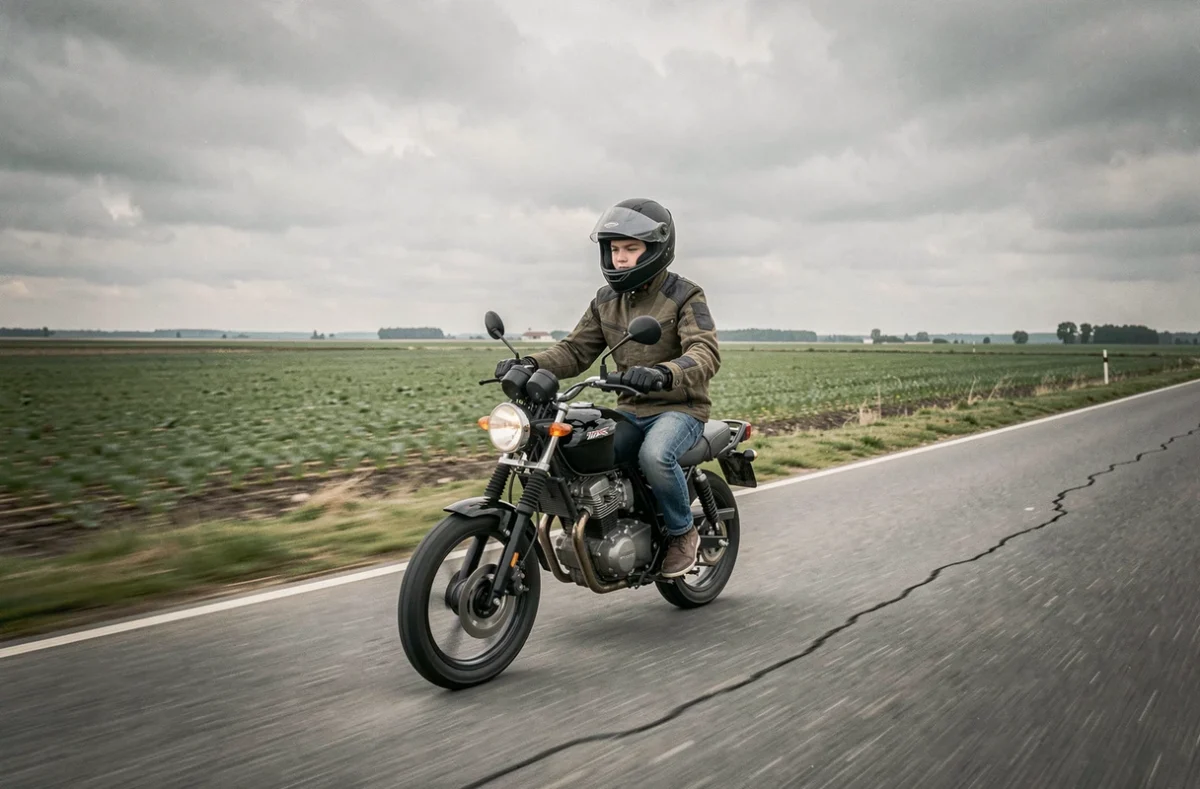 Jeune conducteur de 16 ans en train de rouler sur une 125cc sur une route de campagne avec un léger flou de mouvement