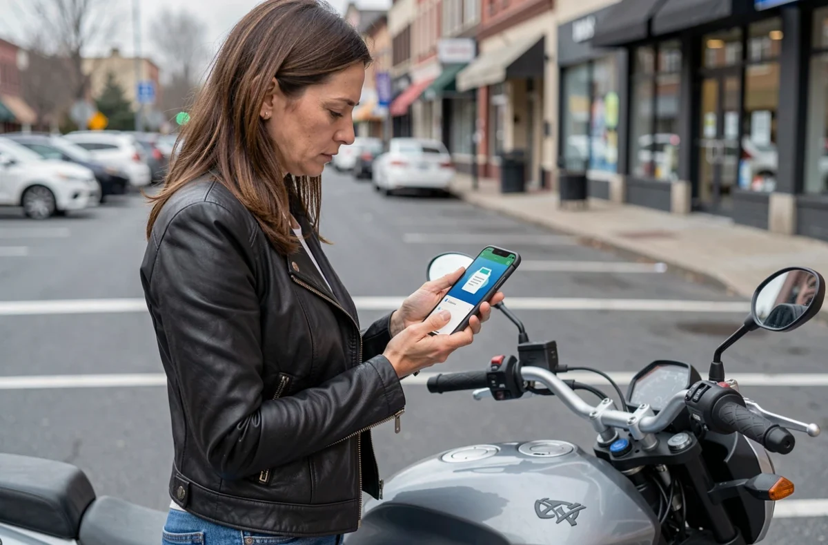 Femme consultant son relevé d'information d'assurance moto sur smartphone près de sa moto