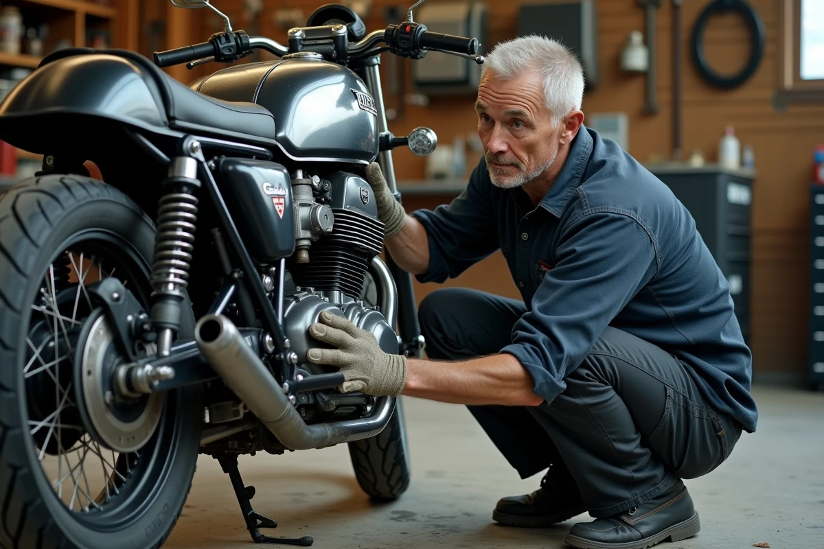 Mécanicien inspectant le moteur d'une Honda CB 900 d'occasion dans un atelier, points de contrôle essentiels avant achat
