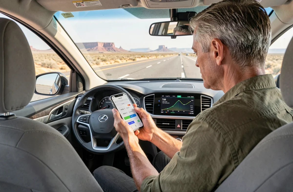 Homme utilisant une application de conversion miles en kilomètres dans une voiture de location aux États-Unis