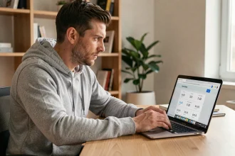 Homme utilisant un outil en ligne de conversion mph en km/h sur son ordinateur portable dans un bureau moderne