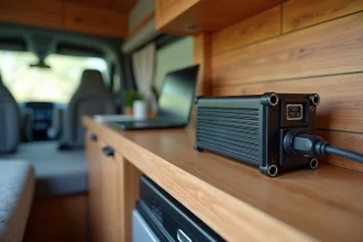 Convertisseur 12V 220V installé dans un van aménagé avec câblage soigné et prise européenne
